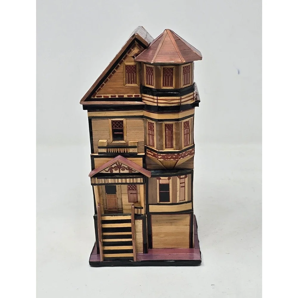 Vtg Red Company straw bamboo marquetry balsa wood trinket jewelry box house